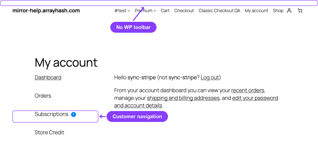 Customer frontend with the WordPress toolbar hidden