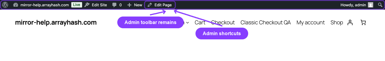 Administrator frontend with the WordPress toolbar still visible