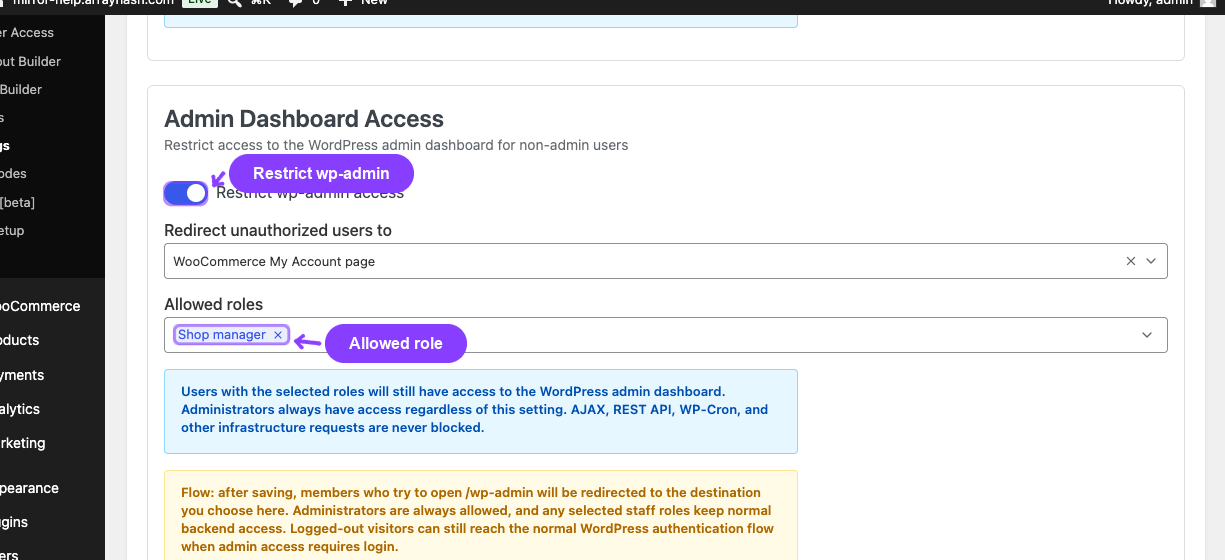 Dashboard access toolkit setting