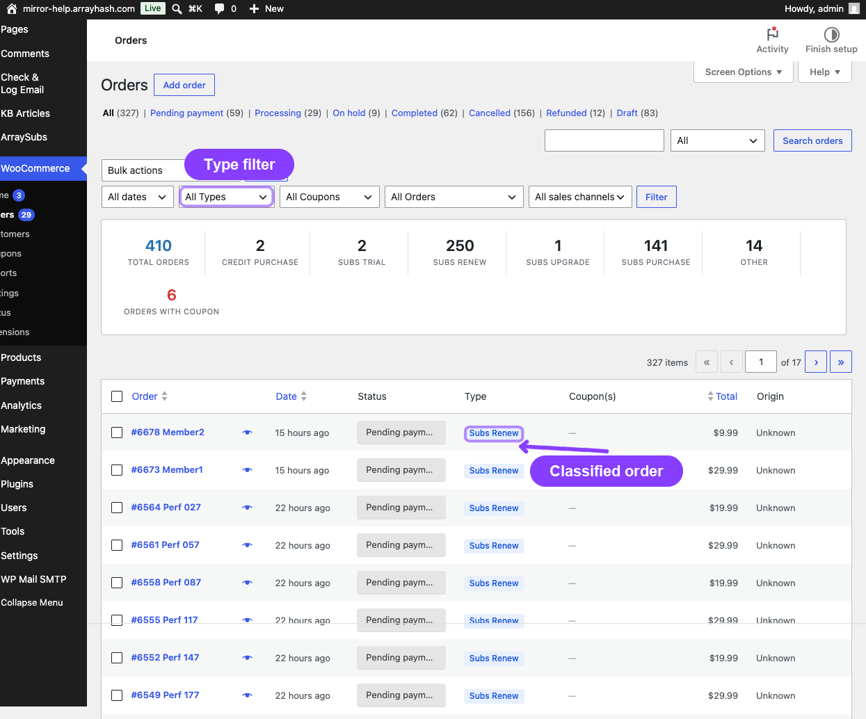Order type classification on the orders screen