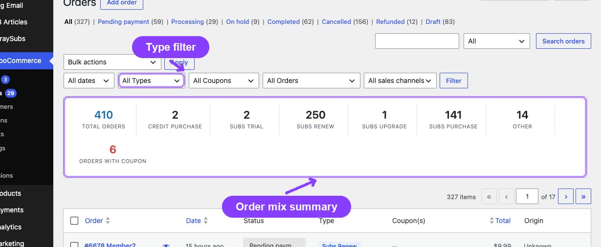 WooCommerce Orders list with subscription order enhancements