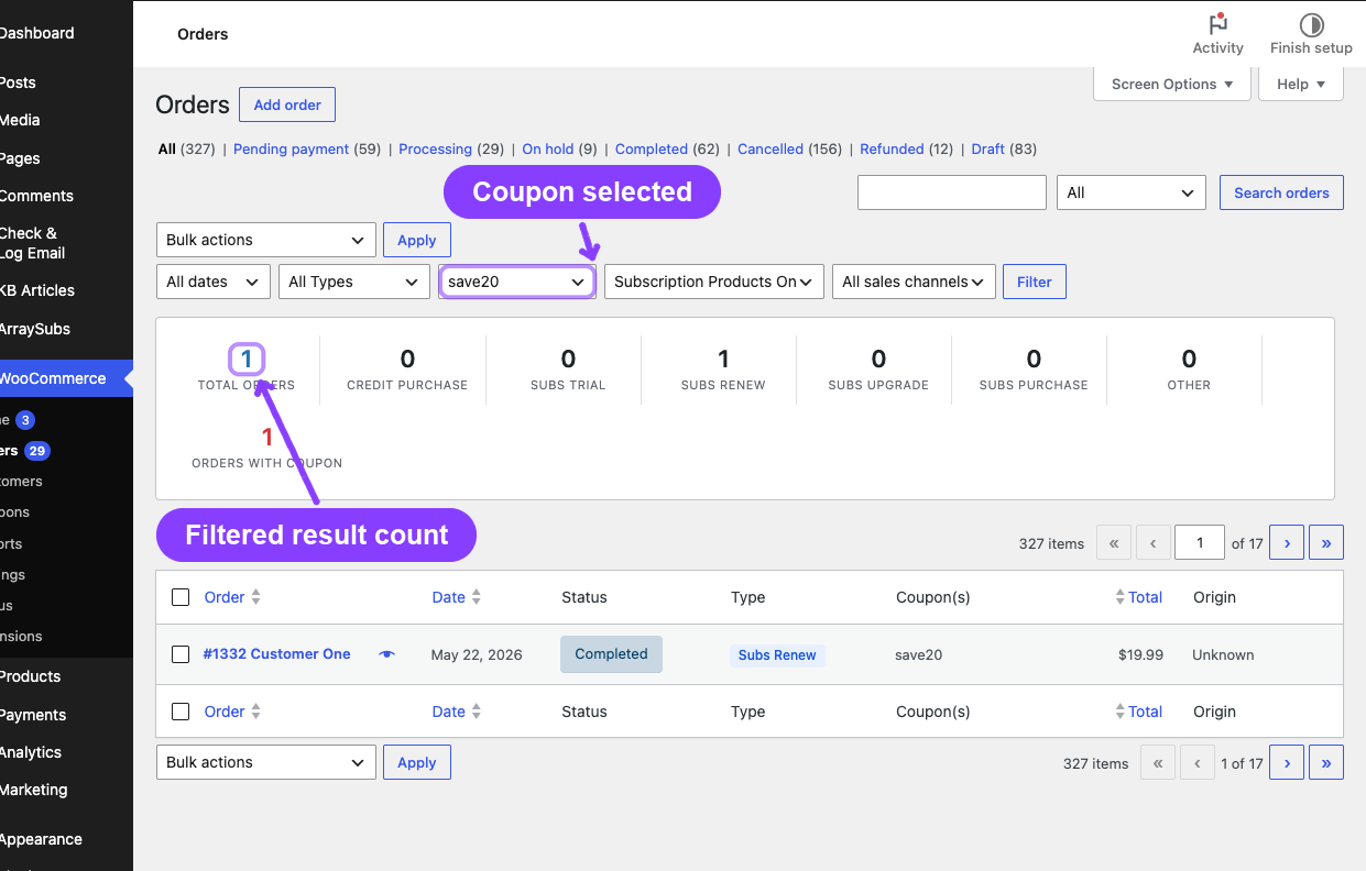 Coupon and subscription filters on the orders list