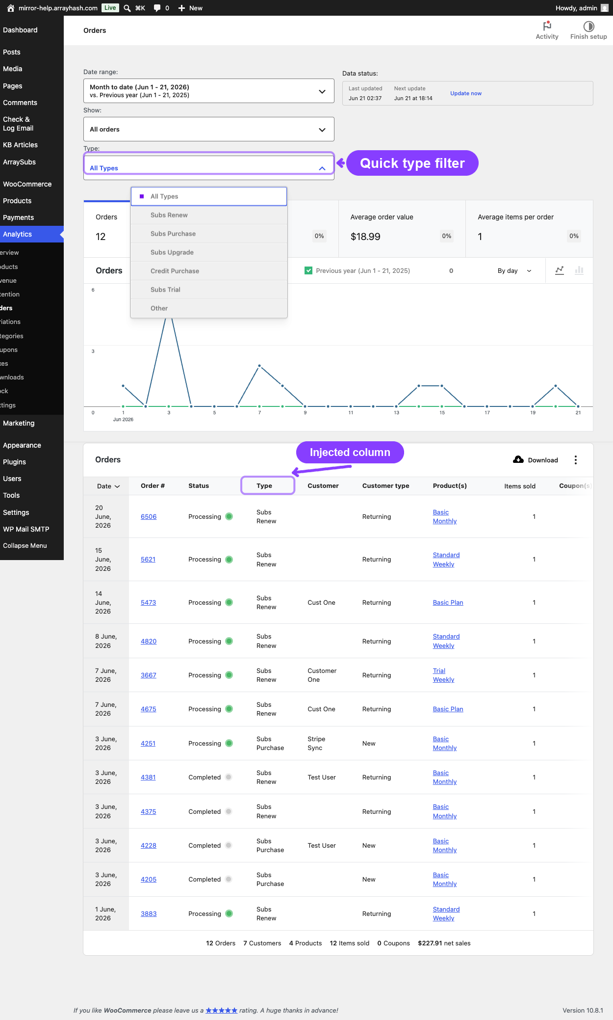 Orders report type filter and type column