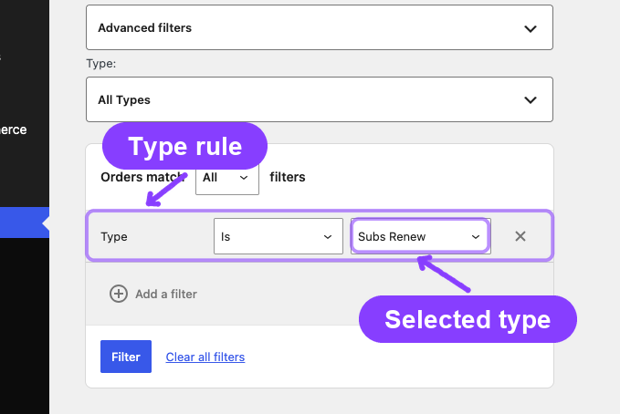 Orders report advanced type filter