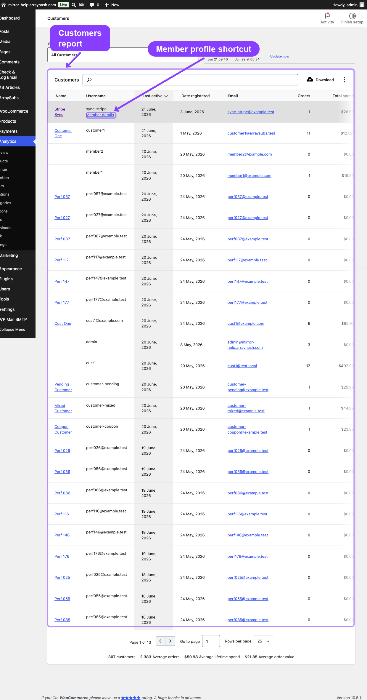 Customers report member details link