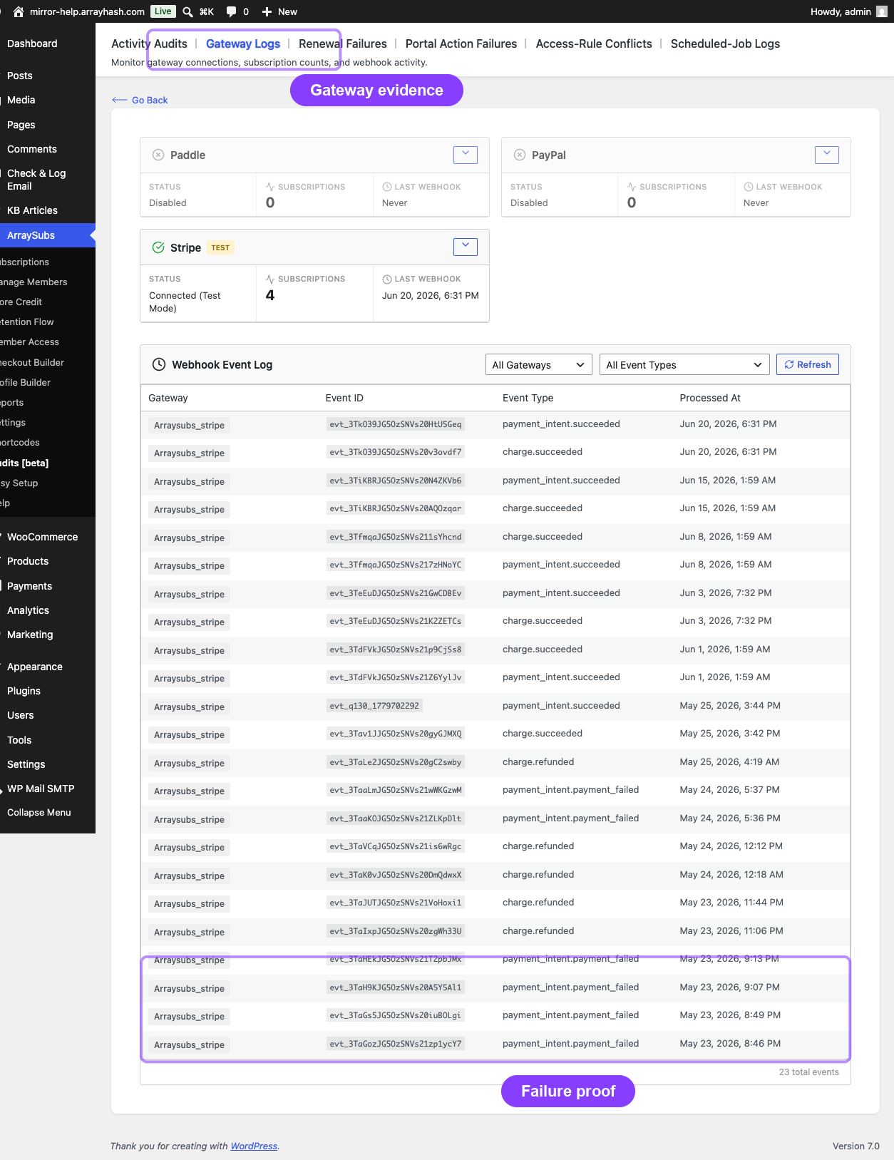 Gateway Logs and health evidence