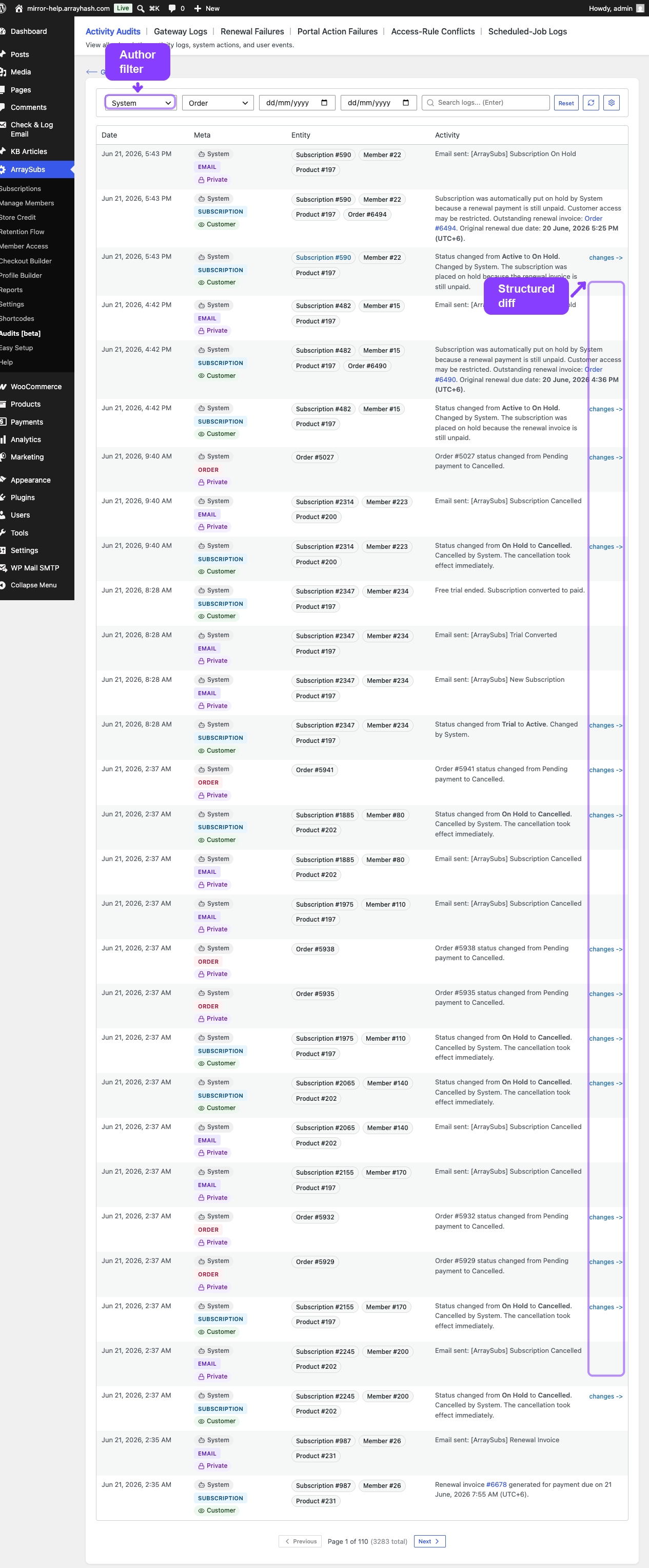 Filtered Activity Audits table