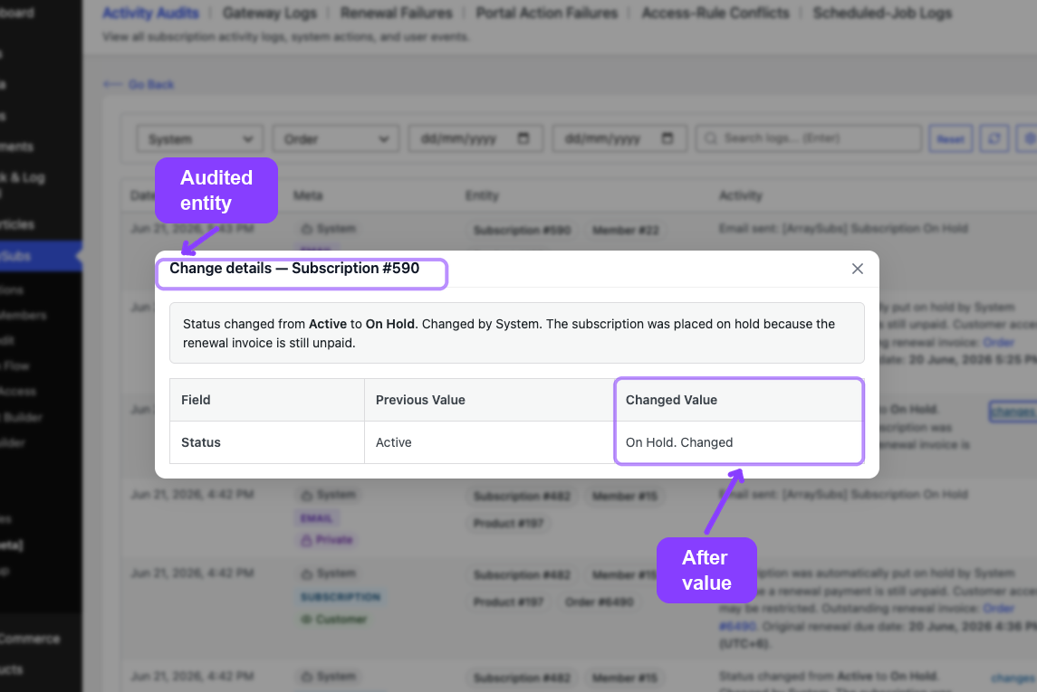 Activity Audits change details modal