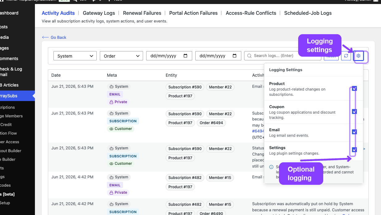 Activity Audits logging settings popover