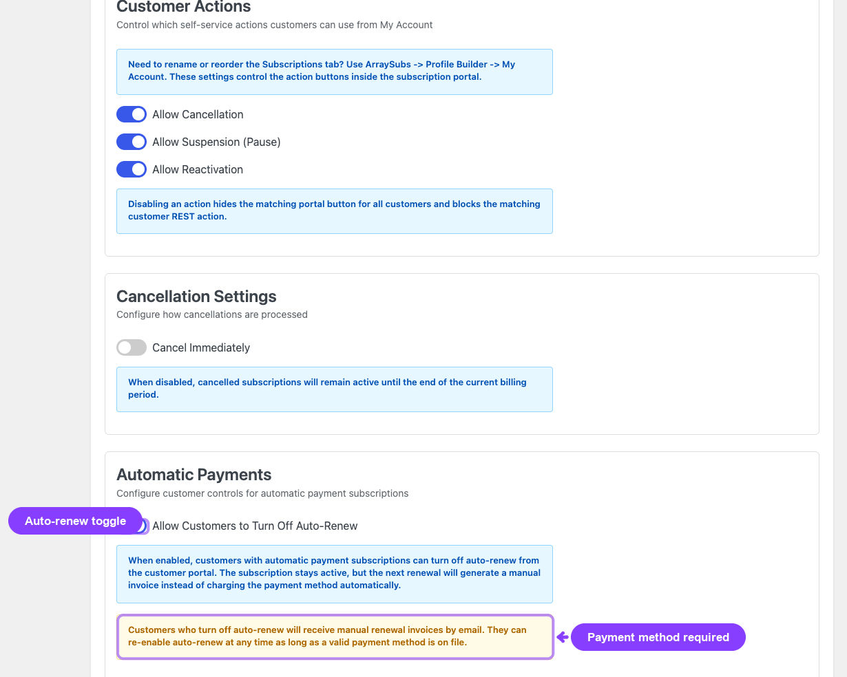 Automatic Payments auto-renew toggle setting