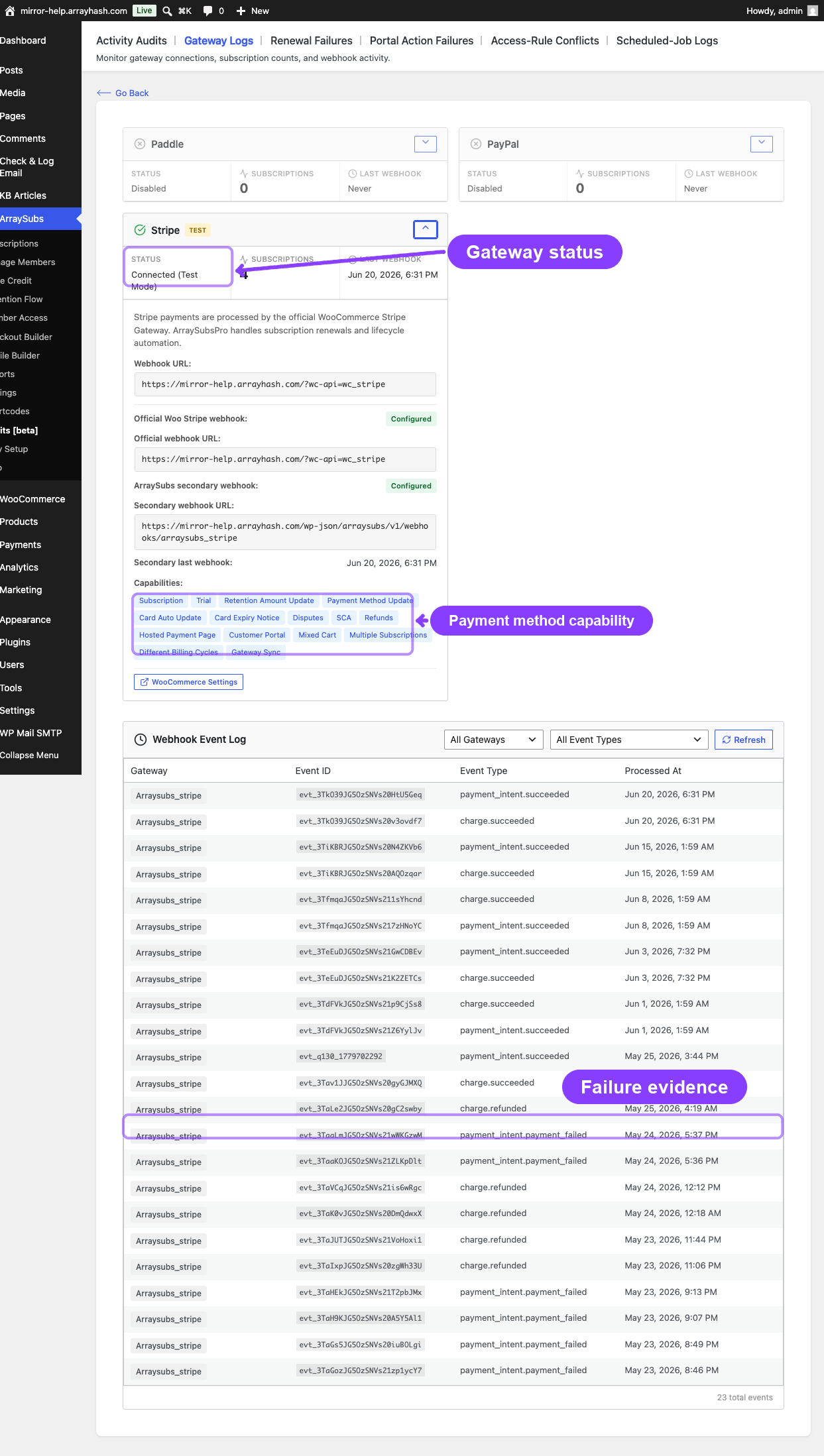 Gateway Health showing Stripe capabilities and webhook failures