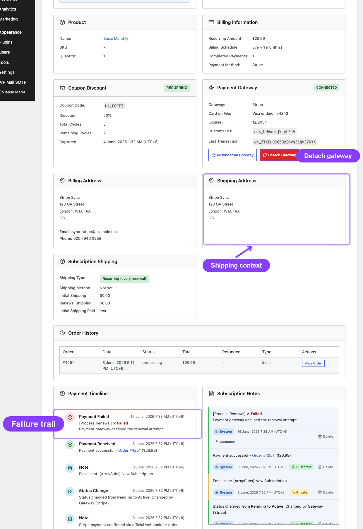Subscription detail gateway, detach, shipping, and failure trail