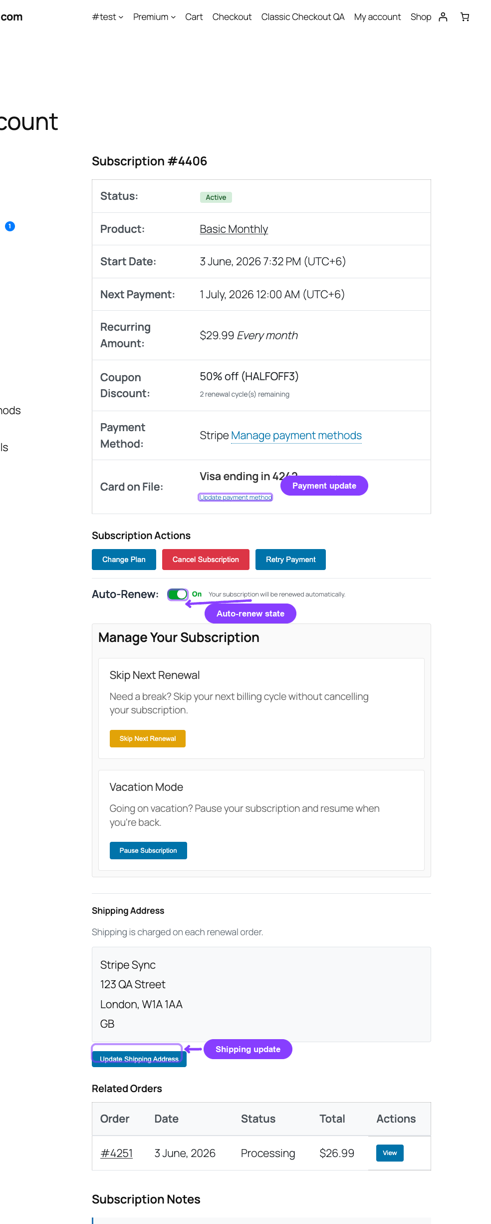 Customer portal payment and shipping actions