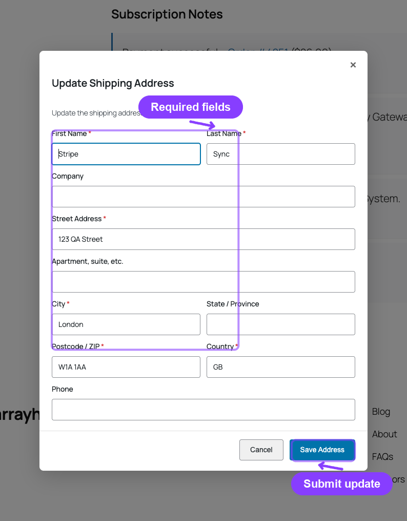 Update Shipping Address modal with required fields