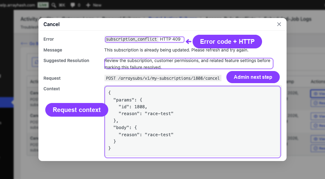 Portal Action Failure detail modal with error, resolution, and context JSON