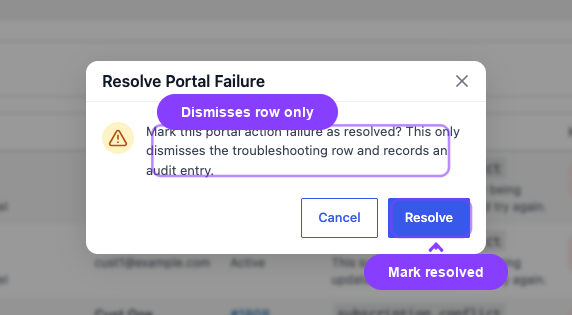 Resolve Portal Failure confirmation dialog