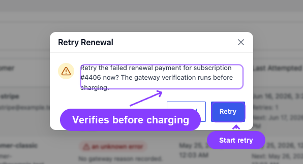Retry Renewal confirmation dialog