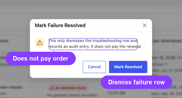 Mark Failure Resolved confirmation dialog
