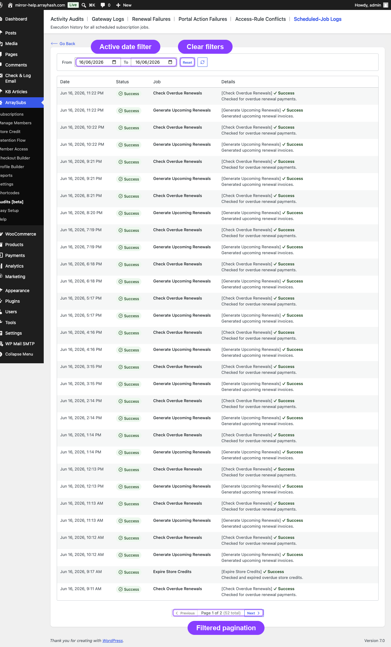 Scheduled-Job Logs filtered to a single date with active filters and pagination