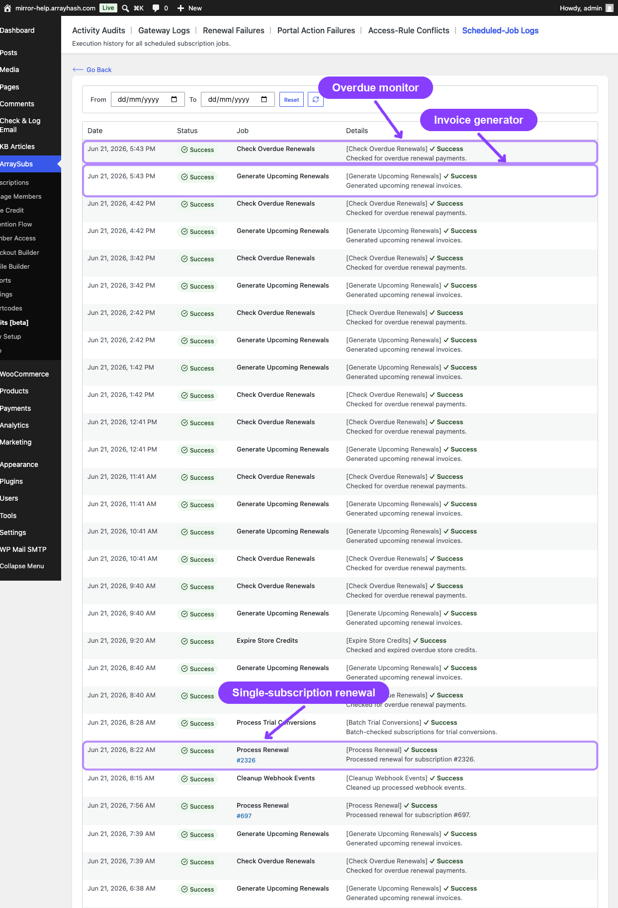 Scheduled-Job Logs showing the recurring billing engine jobs