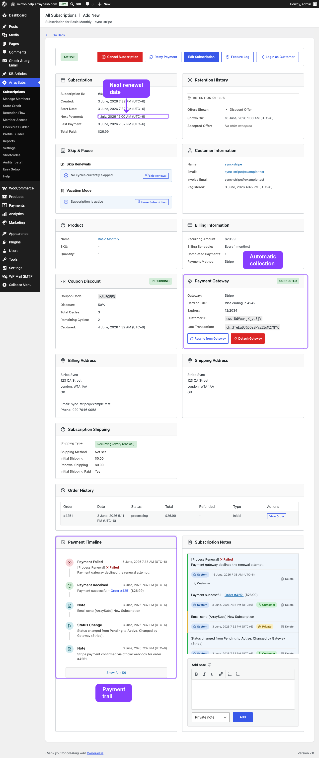 Subscription detail showing the billing lifecycle