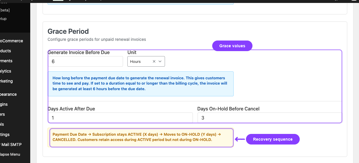 Grace Period settings with the recovery timeline note