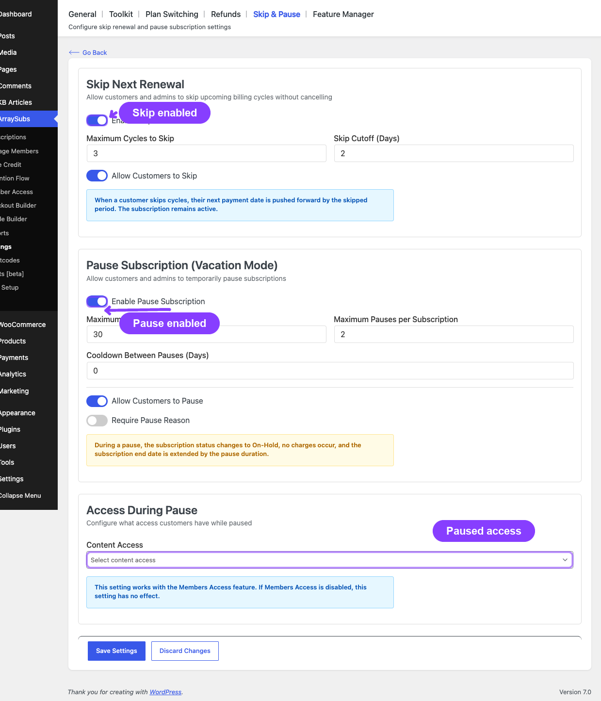 Skip & Pause settings page