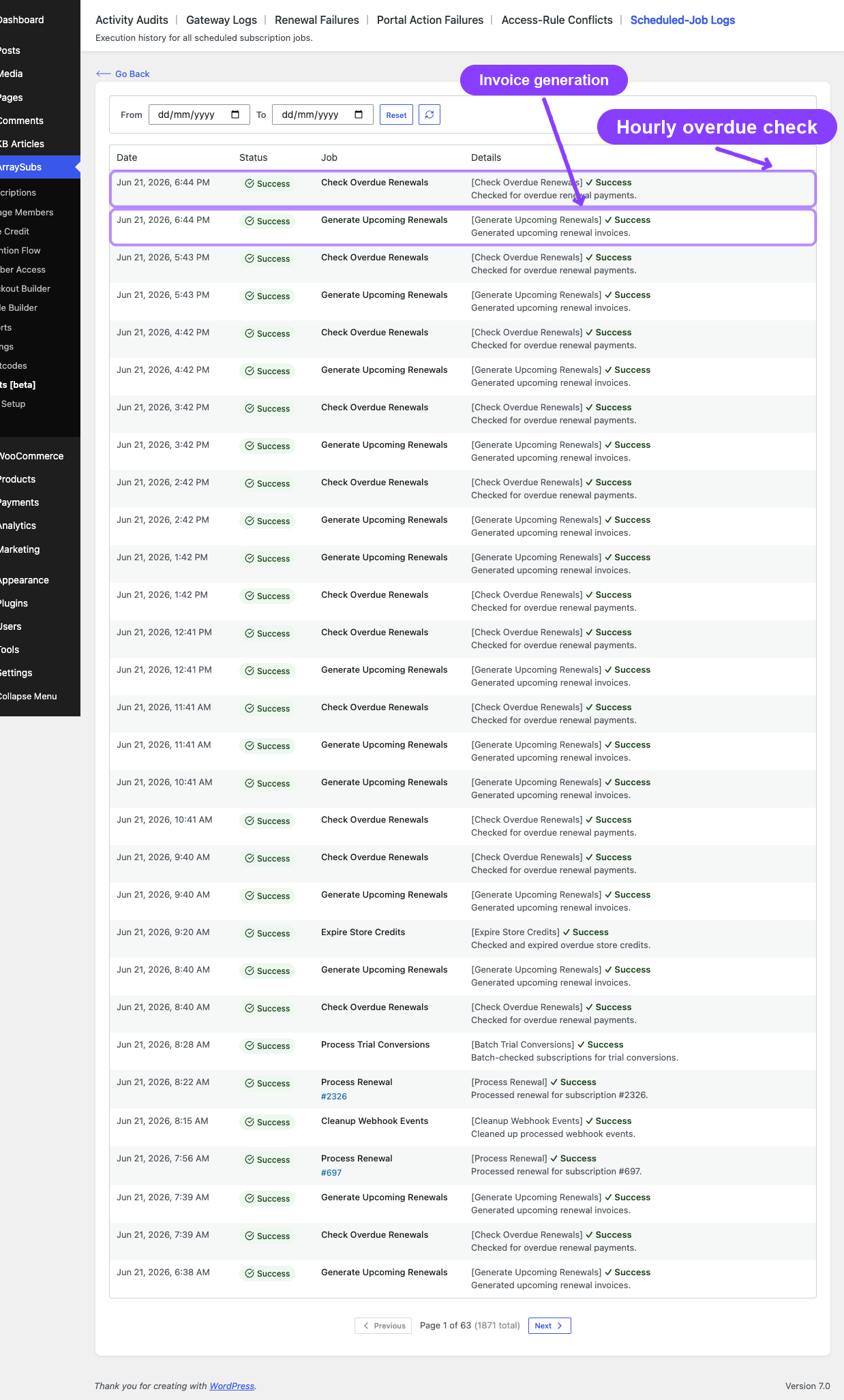 Scheduled-Job Logs with hourly overdue and upcoming renewal checks