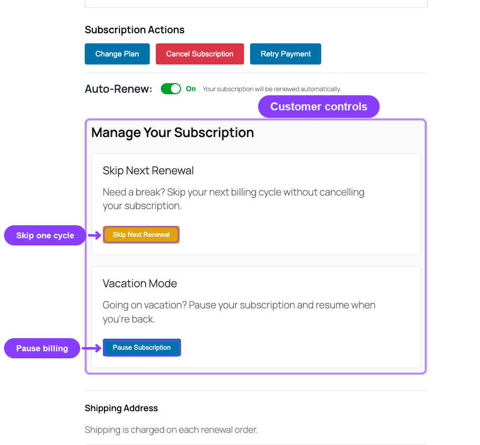 Customer Manage Your Subscription panel with skip and pause