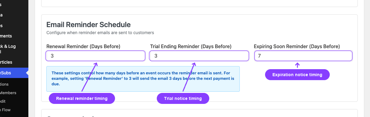 Email Reminder Schedule settings