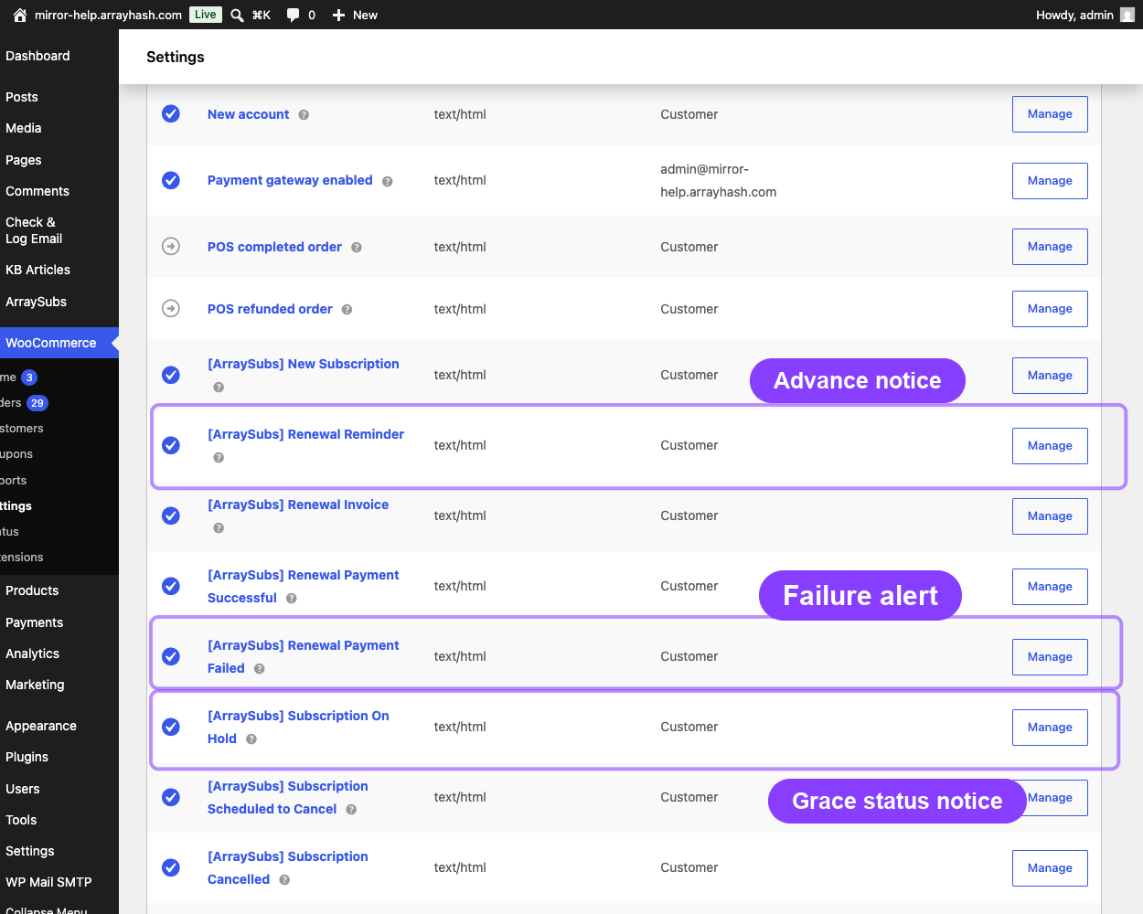 WooCommerce Emails table with ArraySubs customer renewal templates