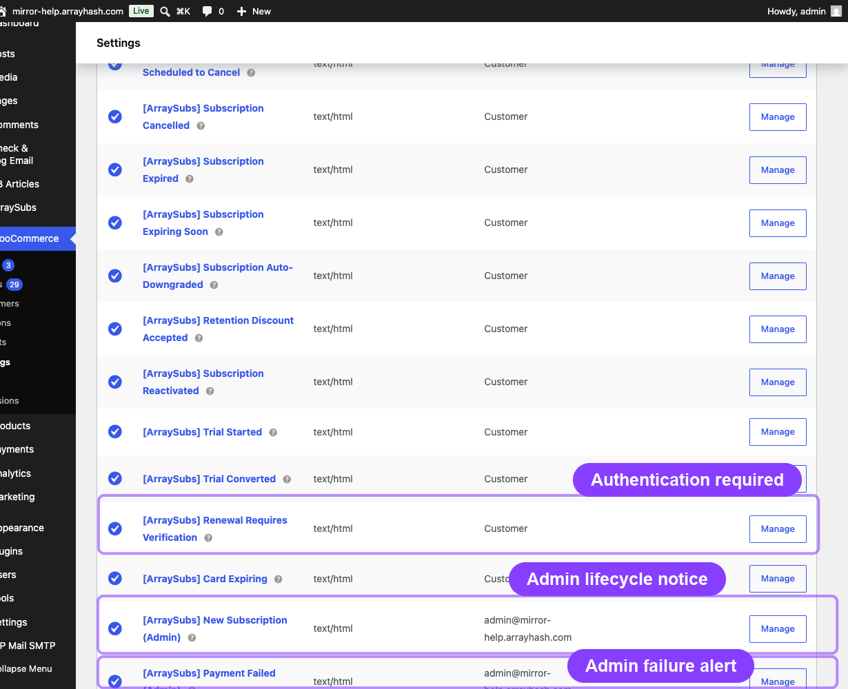 WooCommerce Emails table with verification and admin lifecycle templates