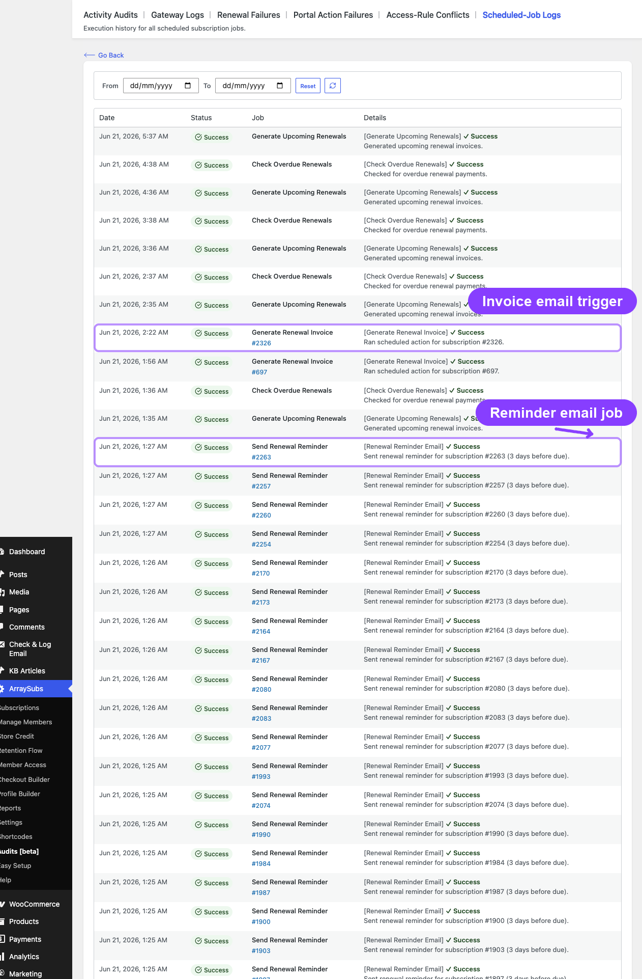 Scheduled-Job Logs page 2 with renewal invoice and reminder email jobs