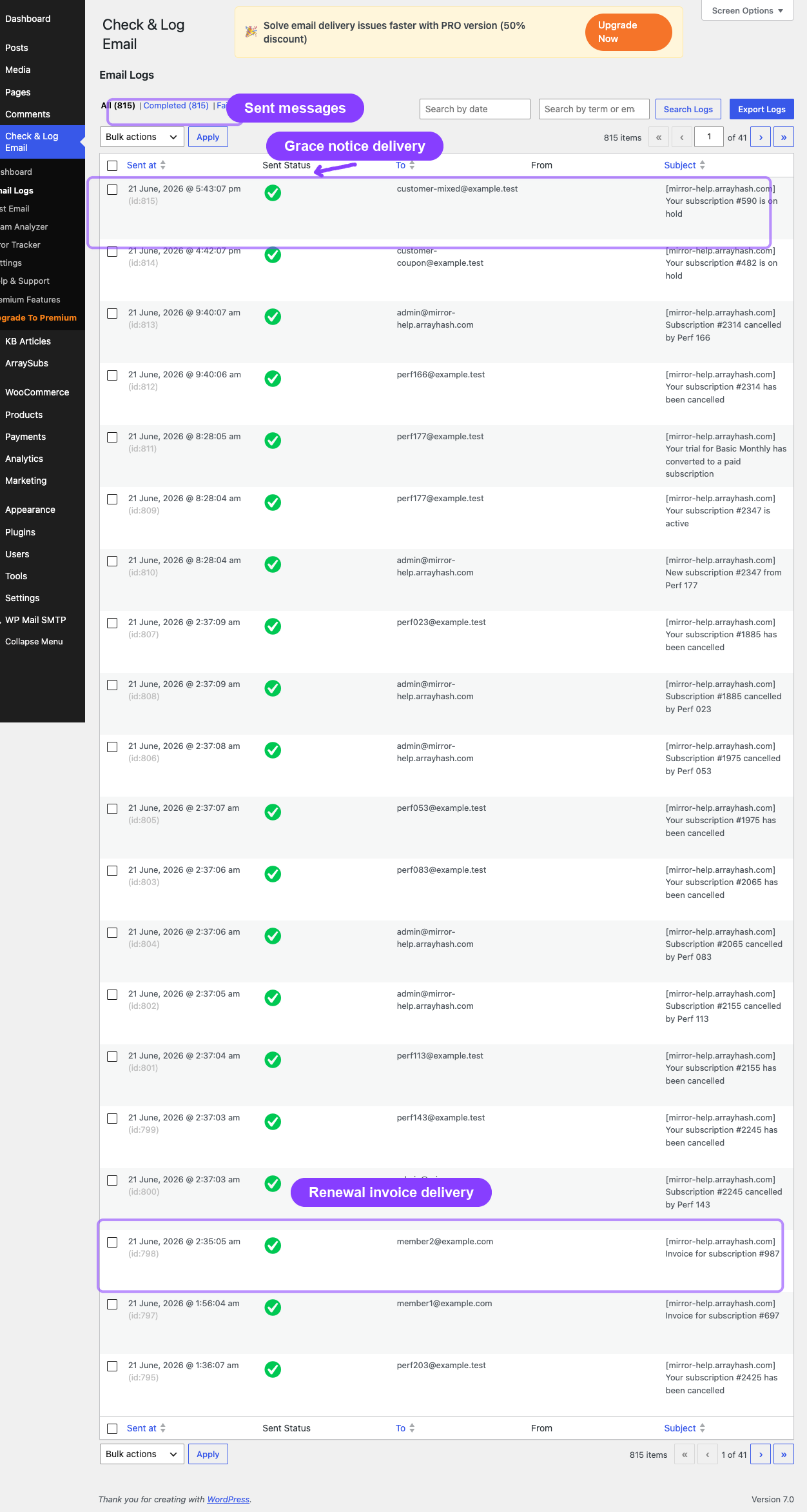Email delivery log with sent invoice and on-hold notices