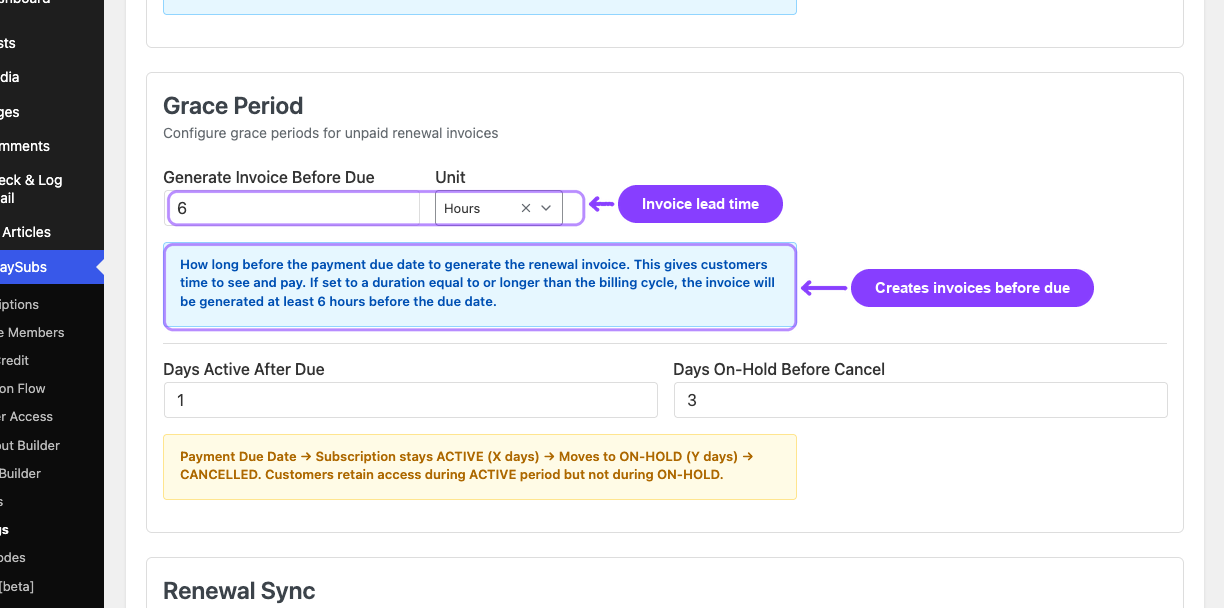 Generate Invoice Before Due timing setting