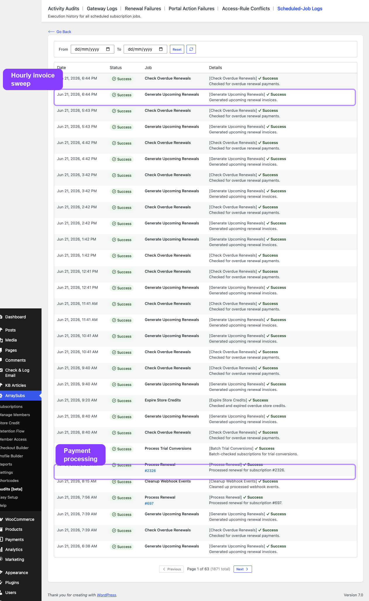 Renewal engine job logs