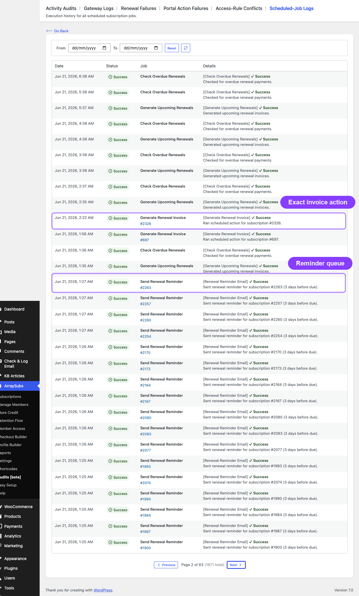 Scheduled-Job Logs page 2 with exact renewal invoice actions and reminders