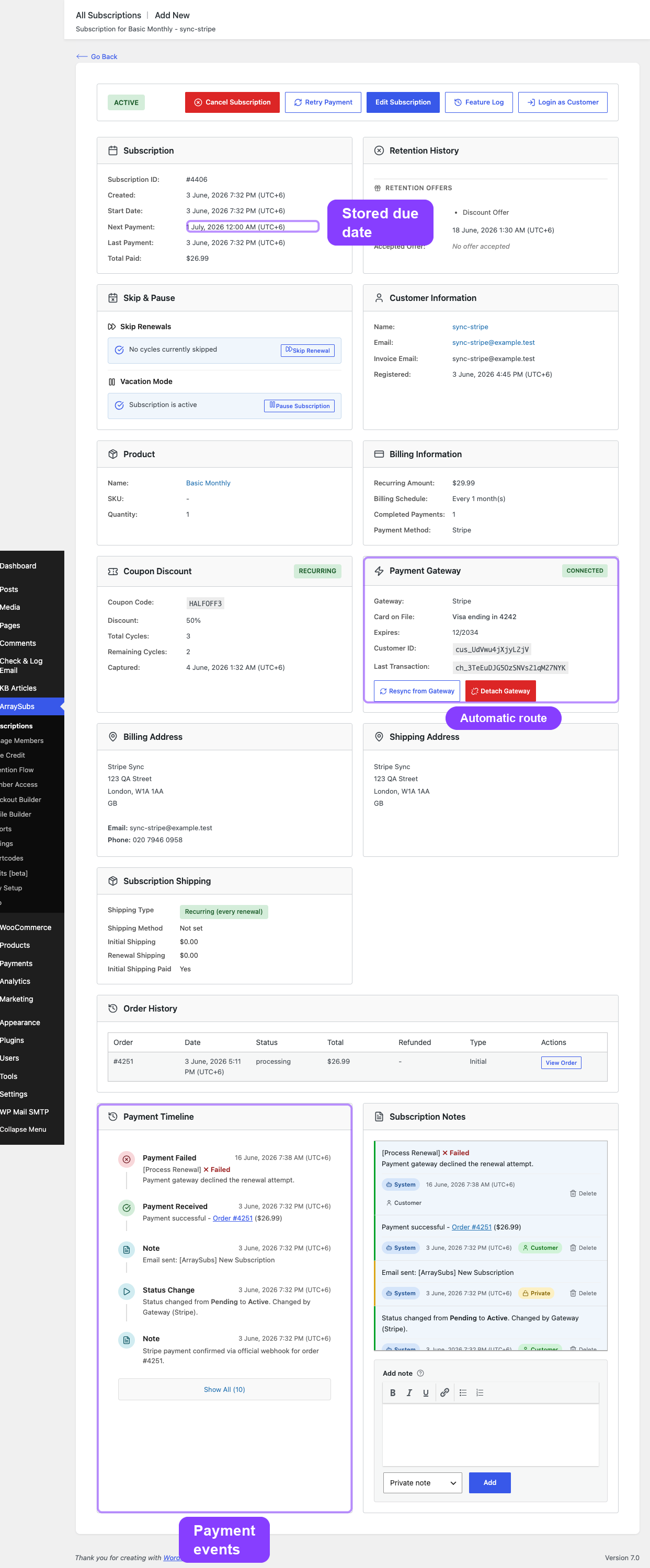 Subscription detail showing renewal operations and payment route
