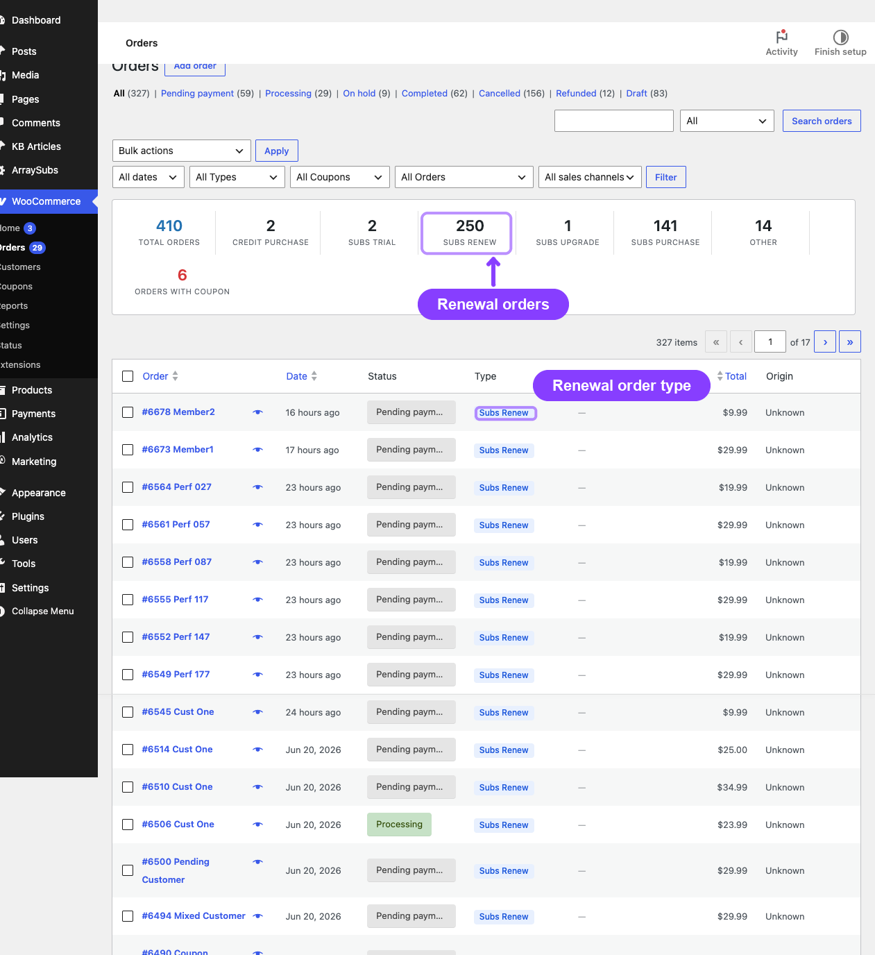 WooCommerce Orders with Subs Renew order type and counts