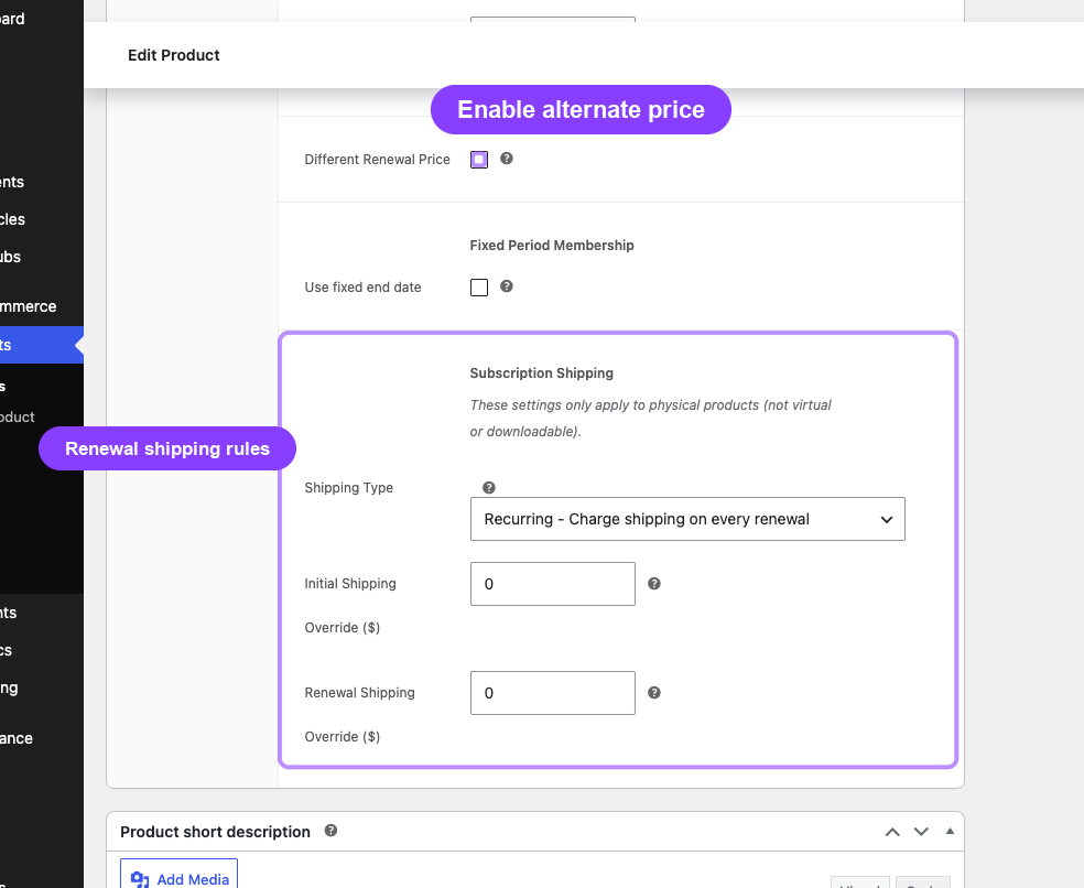 Product Subscription tab with Different Renewal Price and shipping settings