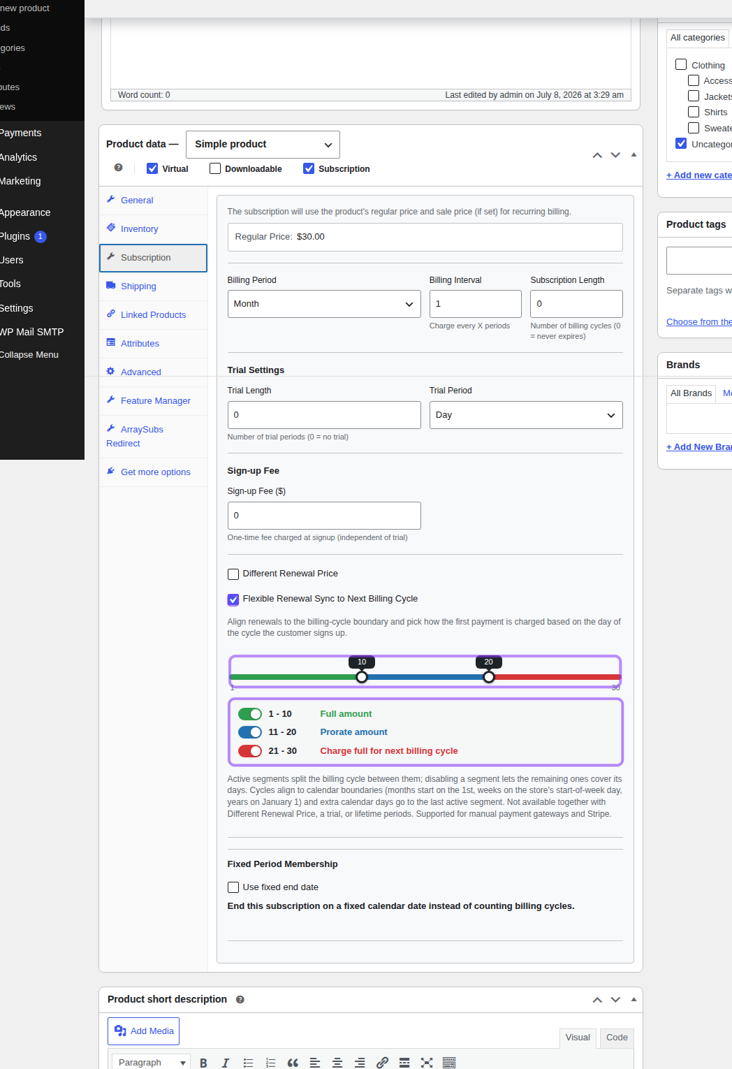 Product Subscription tab with Flexible Renewal Sync segment picker