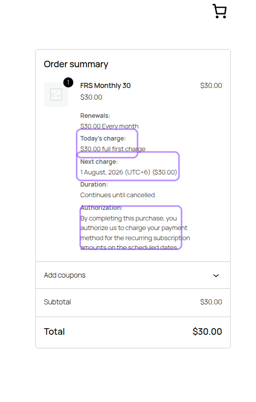 Checkout order summary showing full first charge and synced next charge