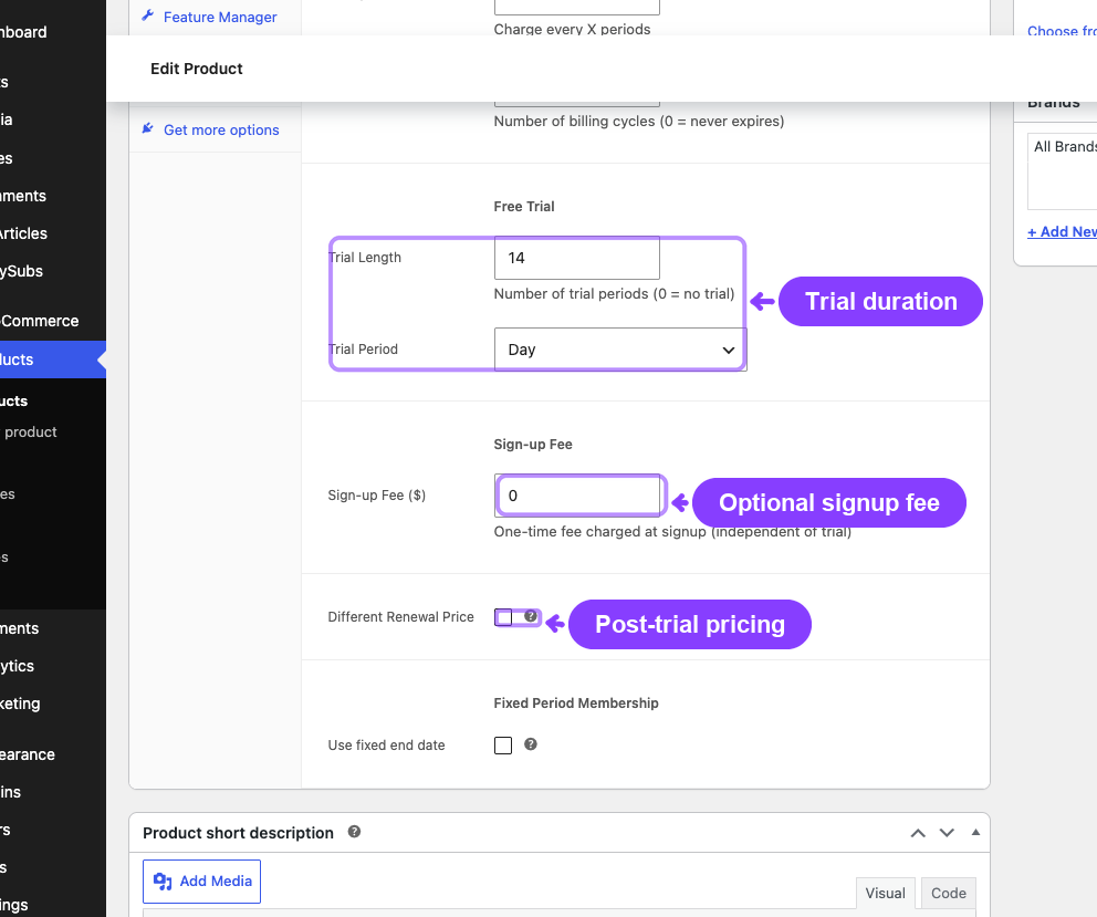 Product Subscription tab Free Trial settings