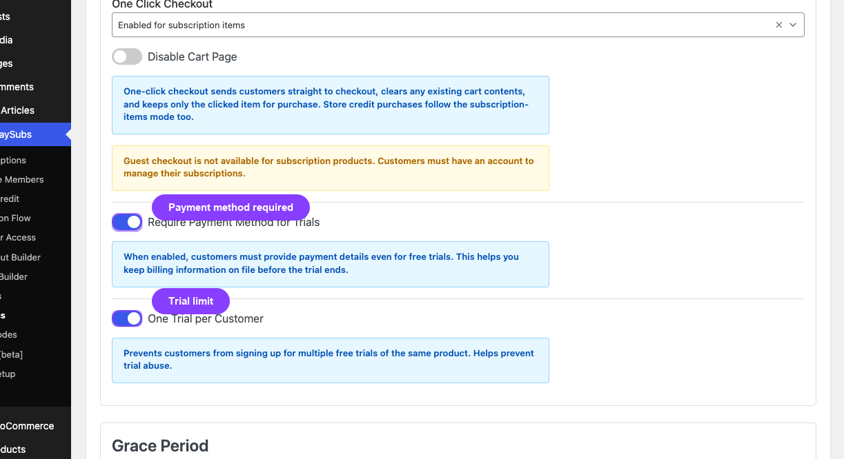 Global Trials settings: payment method required and one trial per customer