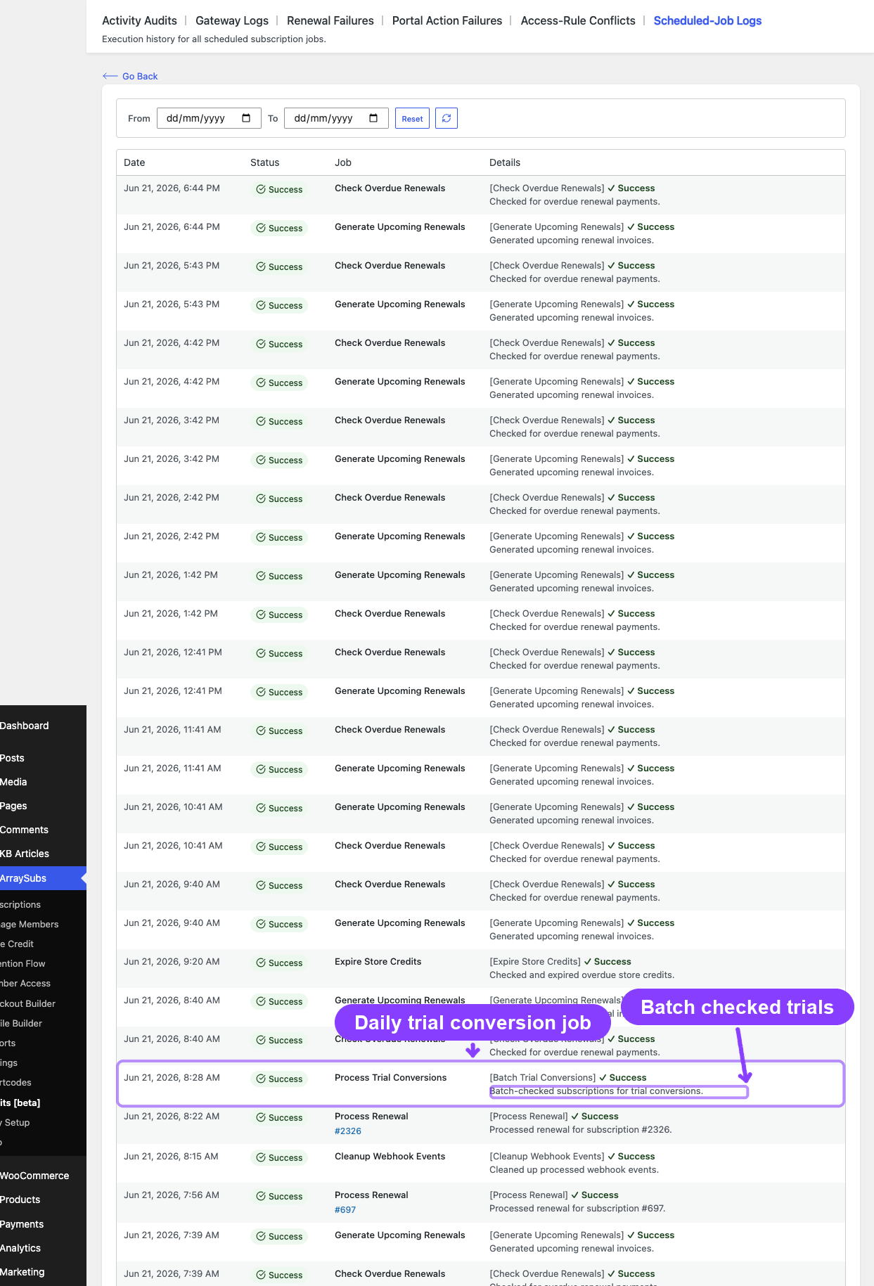 Scheduled-Job Logs showing a successful Process Trial Conversions run