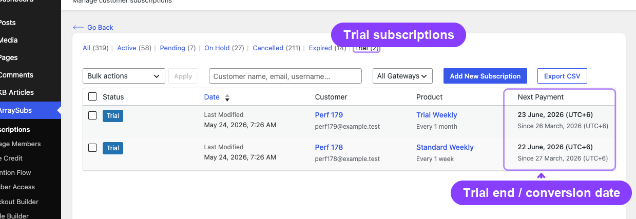Subscriptions list filtered to Trial status