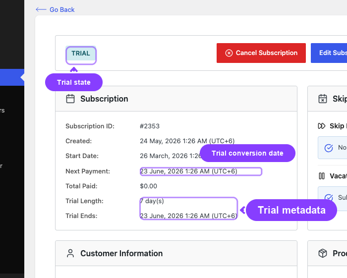 Trial subscription detail with status, metadata, and conversion date