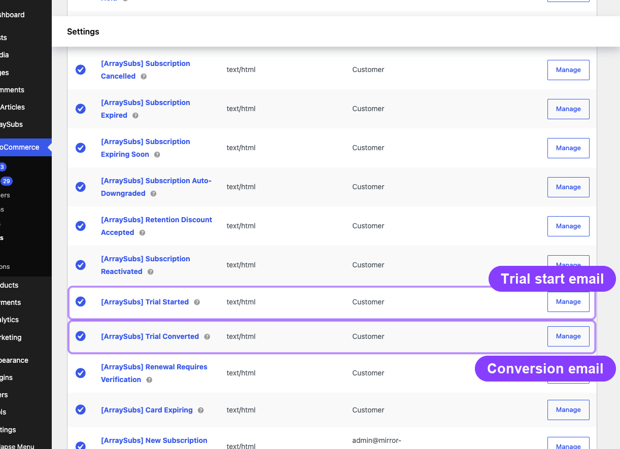 WooCommerce Emails table with Trial Started and Trial Converted templates