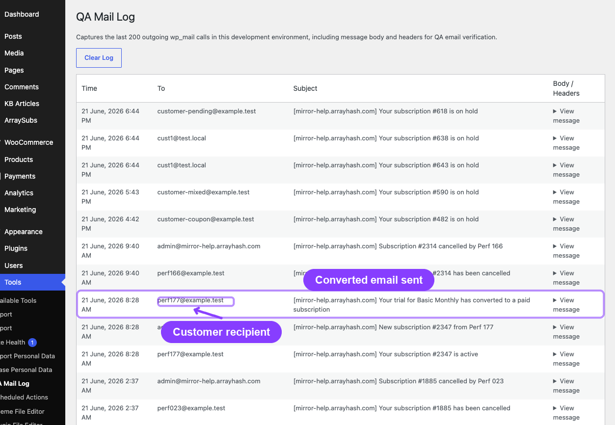 QA Mail Log with a Trial Converted message sent to the customer