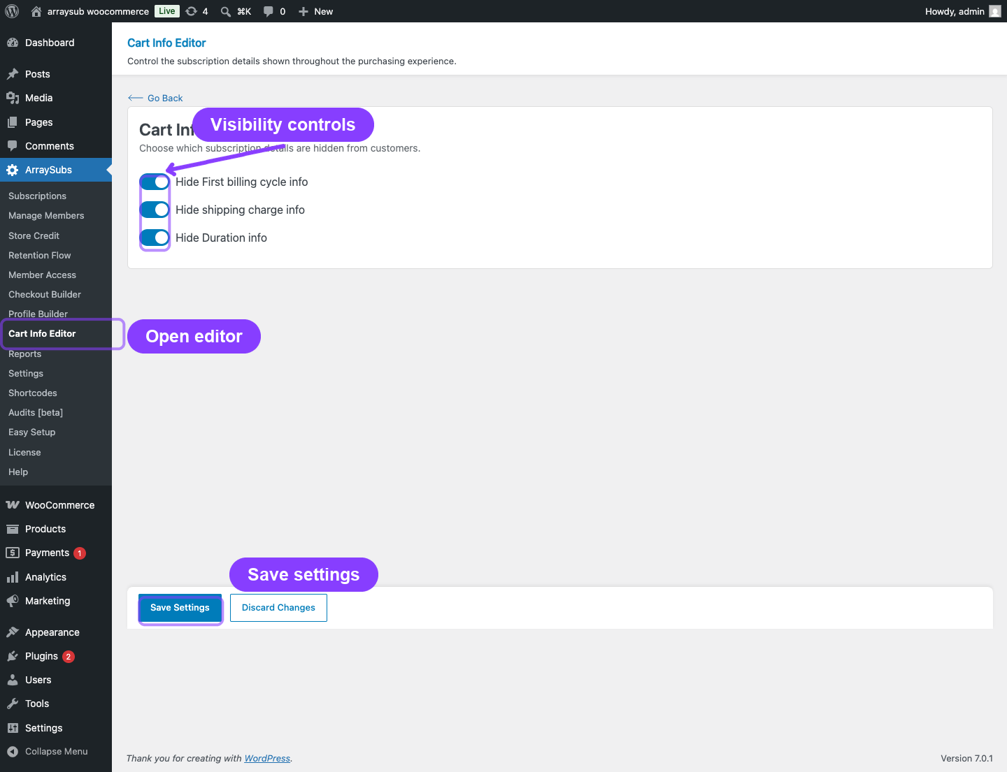 Cart Info Editor settings with all three storefront visibility controls enabled